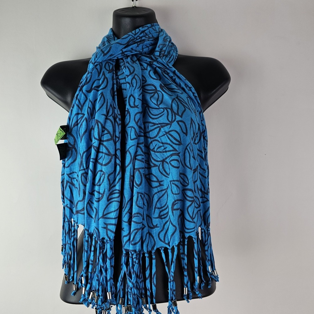 Chi by Falchi Scarf Rectangle Blue Bohemian Silver Metal‎ Fringe Shawl Wrap